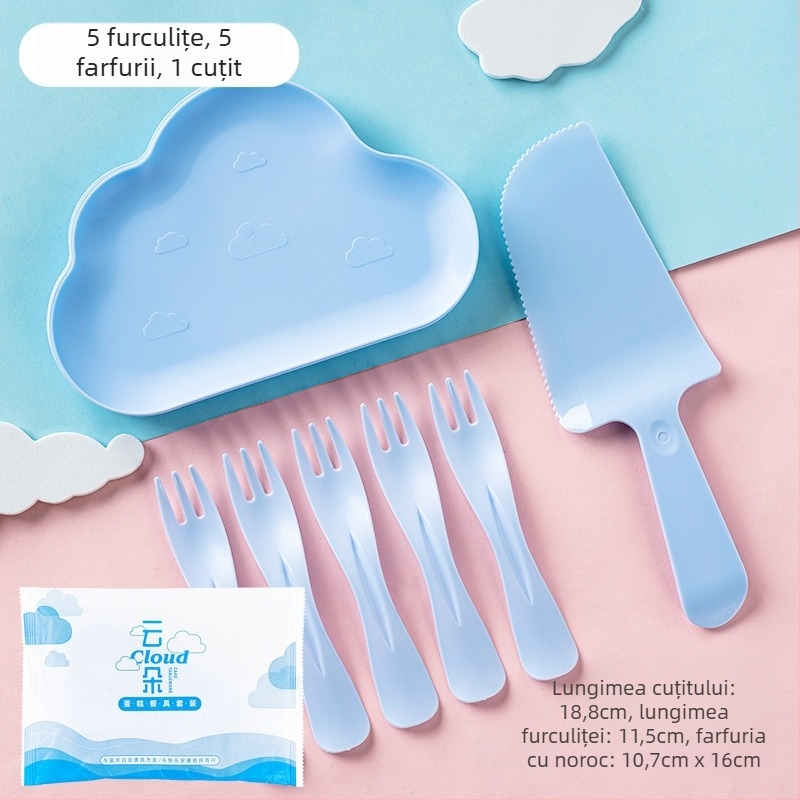 Set de tacâmuri de unică folosință pentru ziua de naștere, 4 în 1, cu cutie pentru tort, farfurie în formă de picătură de apă și furculiță cu margine ondulată