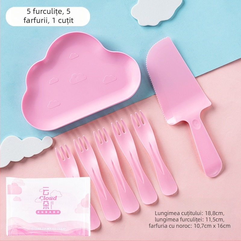 Set de tacâmuri de unică folosință pentru ziua de naștere, 4 în 1, cu cutie pentru tort, farfurie în formă de picătură de apă și furculiță cu margine ondulată
