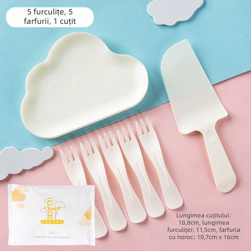 Set de tacâmuri de unică folosință pentru ziua de naștere, 4 în 1, cu cutie pentru tort, farfurie în formă de picătură de apă și furculiță cu margine ondulată