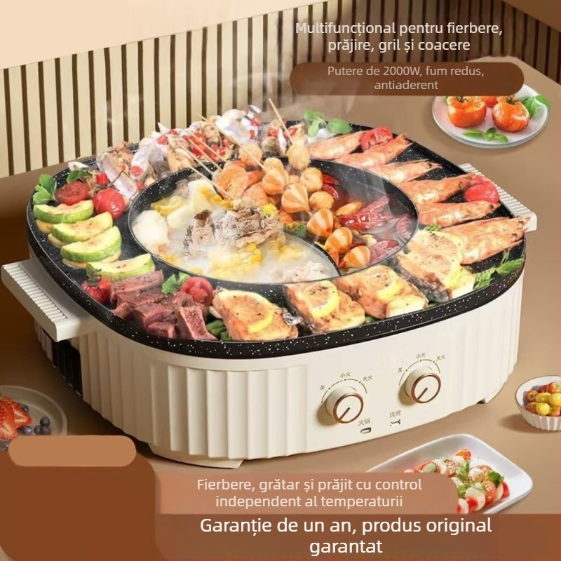 Vas Shabu-shabu all-in-one cu grătar – 1200W, aliaj de aluminiu, adâncimea vasului interior 7 cm, destinat pentru 3-4 persoane
