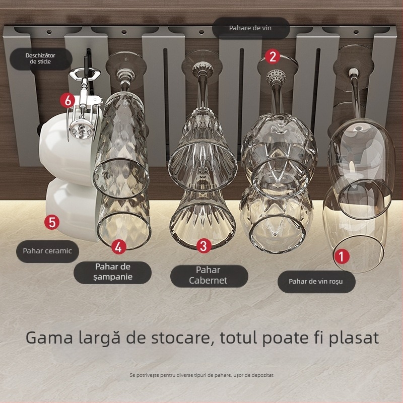 Raft pentru pahare de vin din oțel inoxidabil, montaj pe perete, fără găuri, stil modern simplu.