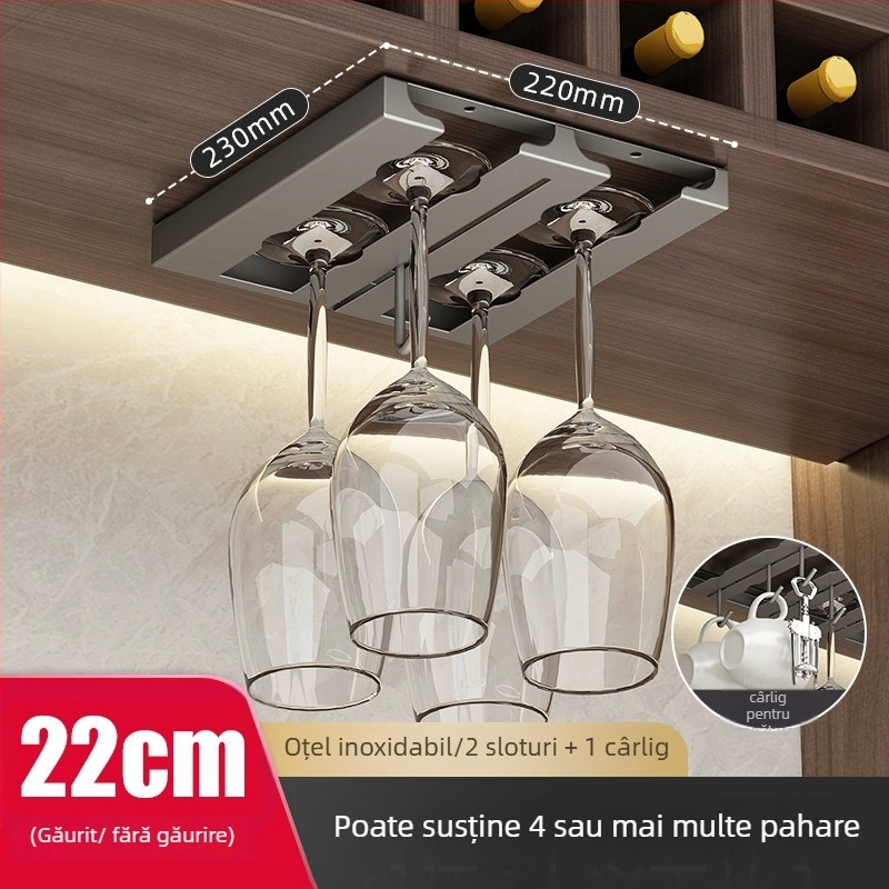 Raft pentru pahare de vin din oțel inoxidabil, montaj pe perete, fără găuri, stil modern simplu.