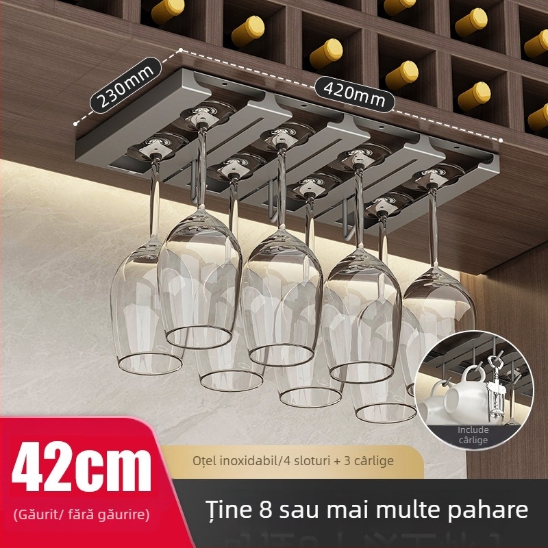 Raft pentru pahare de vin din oțel inoxidabil, montaj pe perete, fără găuri, stil modern simplu.