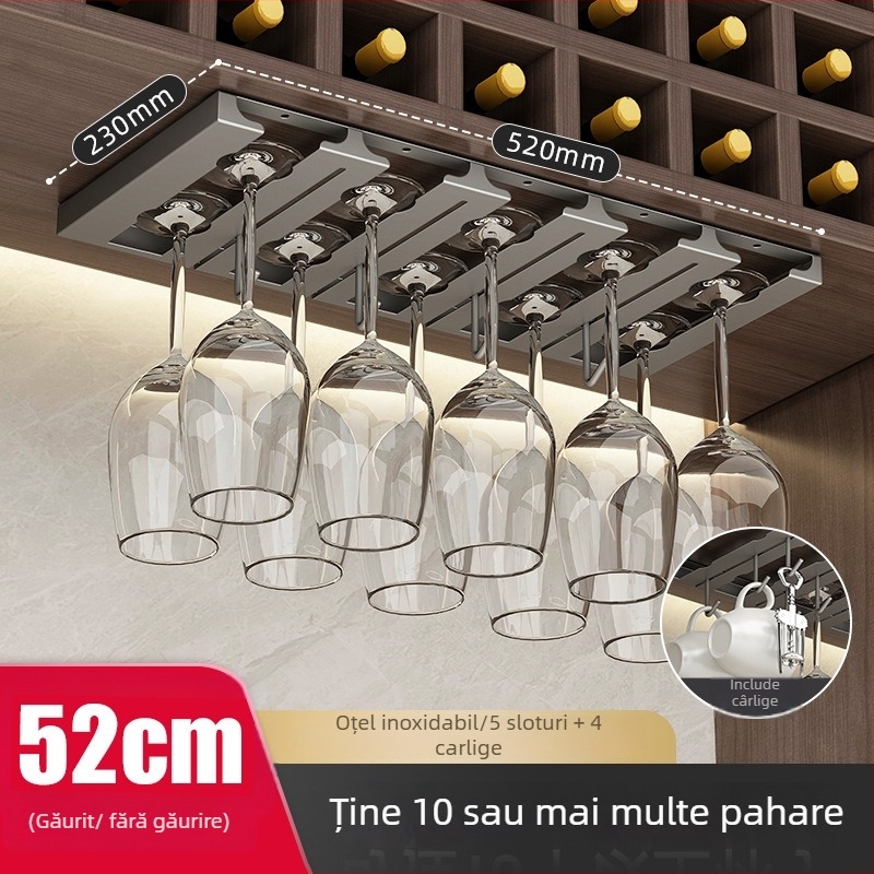Raft pentru pahare de vin din oțel inoxidabil, montaj pe perete, fără găuri, stil modern simplu.