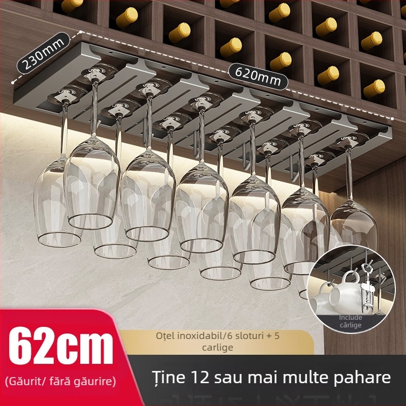 Raft pentru pahare de vin din oțel inoxidabil, montaj pe perete, fără găuri, stil modern simplu.