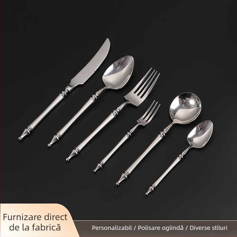 Set tacâmuri din oțel inoxidabil 304 — stil nordic, finisaj oglindit, design monocrom, personalizare și imprimare logo disponibile