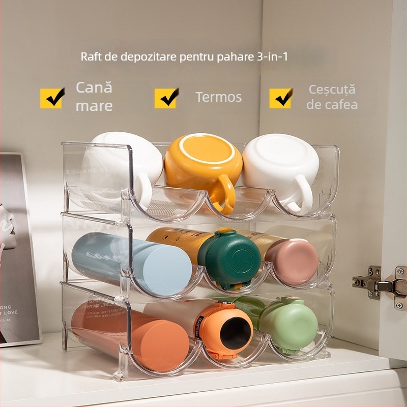 Everett suport pentru pahare din plastic — raft de birou cu mai multe niveluri, montaj fără găuri, stocare stackabilă, protecție împotriva prafului, design modern