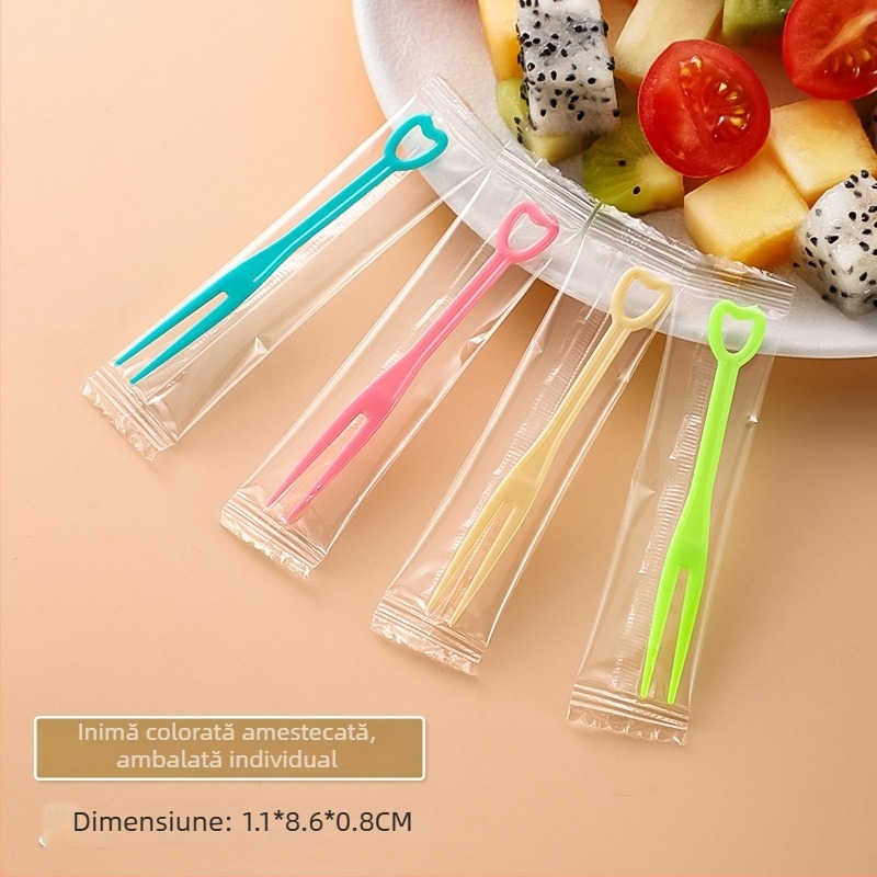 Furculiță de fructe de unică folosință din PS plastic, ambalaj individual, 100–200 buc./pachet, compatibil cu cuptorul cu microunde, 0,55 g/buc