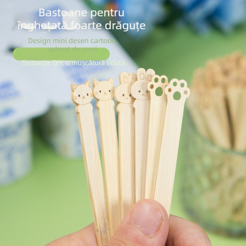 Bețișoare de înghețată din bambus, de unică folosință, cu design animat, pentru copii, pregătite pentru logo, furculiță de fructe, stil proaspăt și drăguț