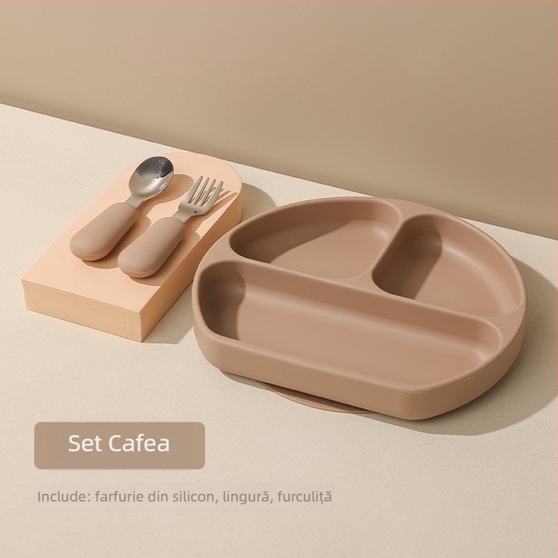 Farfurie pentru bebeluși cu ventuză, silicon alimentar, tavă divizată cu trei compartimente, cutie pentru lapte cu trei compartimente, 1 bucată, design minimalist