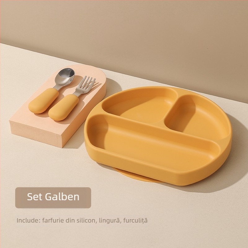 Farfurie pentru bebeluși cu ventuză, silicon alimentar, tavă divizată cu trei compartimente, cutie pentru lapte cu trei compartimente, 1 bucată, design minimalist