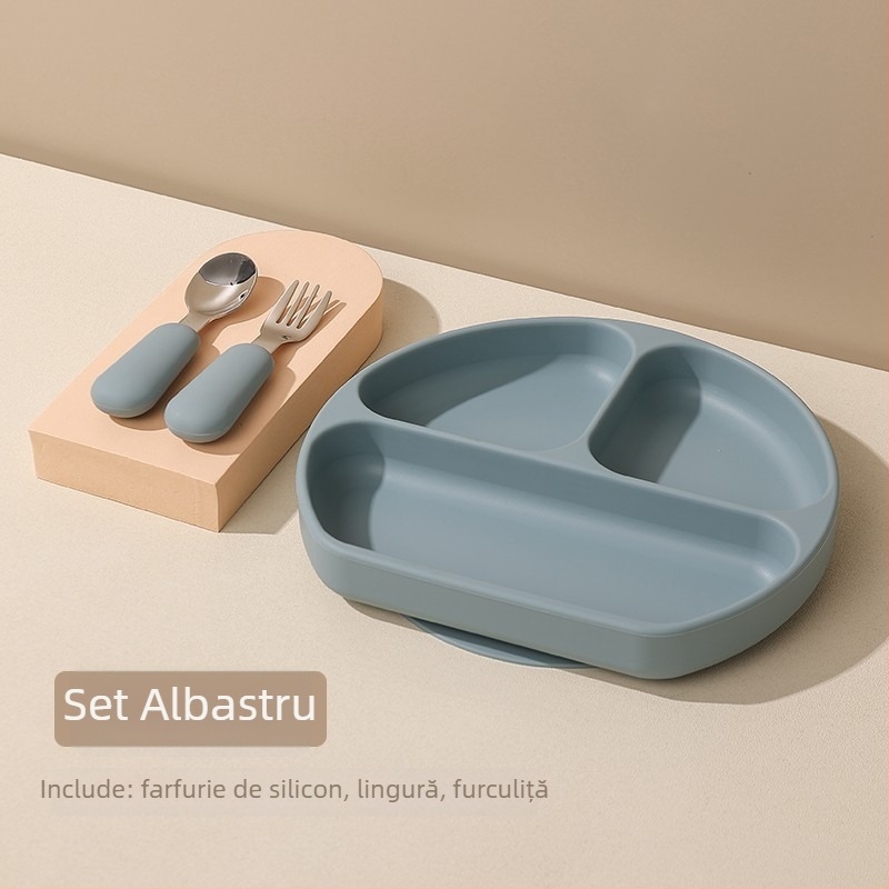 Farfurie pentru bebeluși cu ventuză, silicon alimentar, tavă divizată cu trei compartimente, cutie pentru lapte cu trei compartimente, 1 bucată, design minimalist