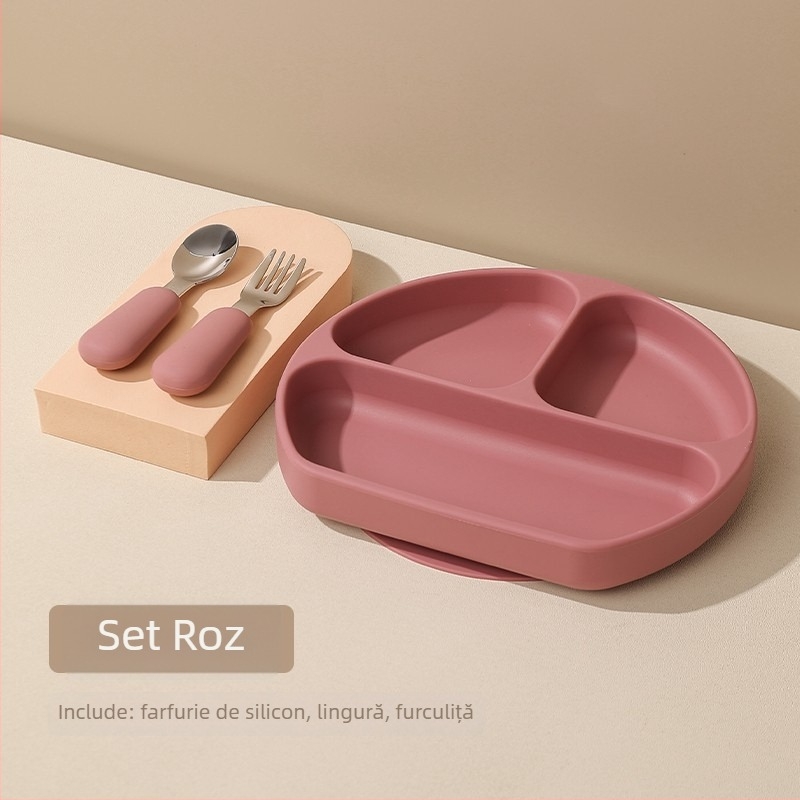 Farfurie pentru bebeluși cu ventuză, silicon alimentar, tavă divizată cu trei compartimente, cutie pentru lapte cu trei compartimente, 1 bucată, design minimalist