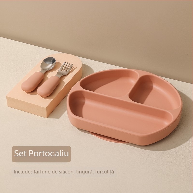Farfurie pentru bebeluși cu ventuză, silicon alimentar, tavă divizată cu trei compartimente, cutie pentru lapte cu trei compartimente, 1 bucată, design minimalist