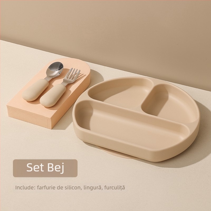 Farfurie pentru bebeluși cu ventuză, silicon alimentar, tavă divizată cu trei compartimente, cutie pentru lapte cu trei compartimente, 1 bucată, design minimalist