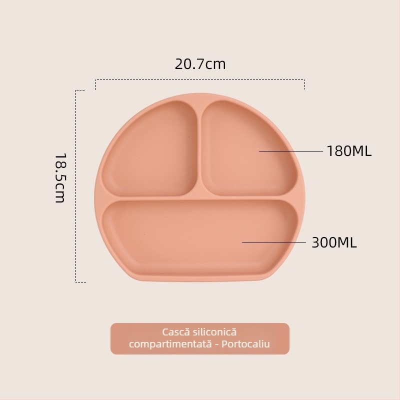 Farfurie pentru bebeluși cu ventuză, silicon alimentar, tavă divizată cu trei compartimente, cutie pentru lapte cu trei compartimente, 1 bucată, design minimalist