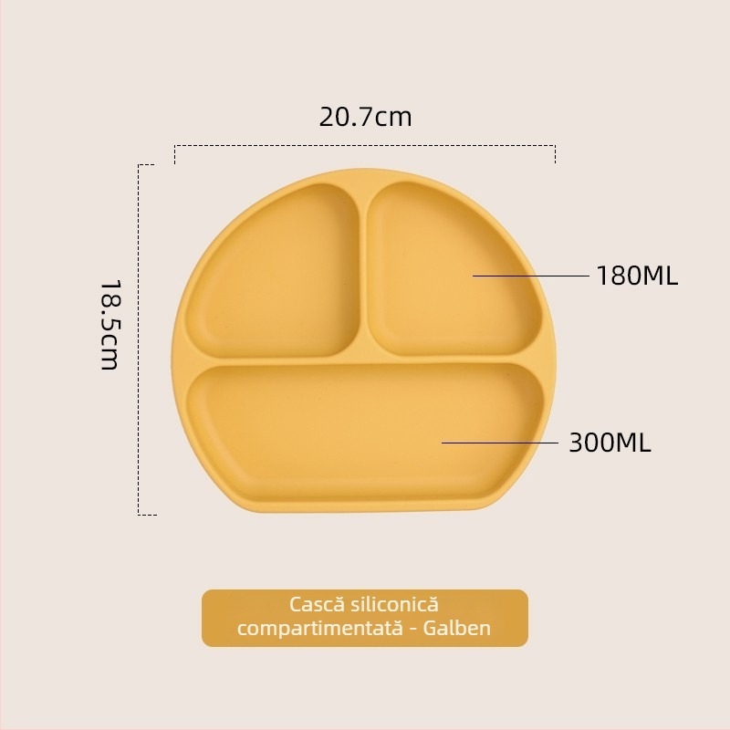 Farfurie pentru bebeluși cu ventuză, silicon alimentar, tavă divizată cu trei compartimente, cutie pentru lapte cu trei compartimente, 1 bucată, design minimalist