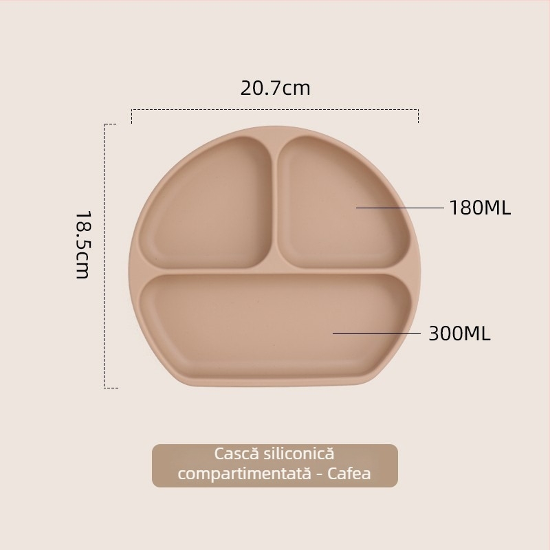 Farfurie pentru bebeluși cu ventuză, silicon alimentar, tavă divizată cu trei compartimente, cutie pentru lapte cu trei compartimente, 1 bucată, design minimalist