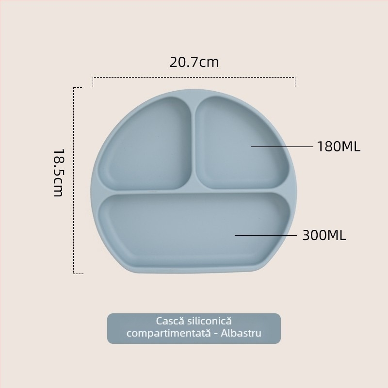Farfurie pentru bebeluși cu ventuză, silicon alimentar, tavă divizată cu trei compartimente, cutie pentru lapte cu trei compartimente, 1 bucată, design minimalist