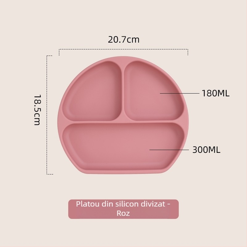 Farfurie pentru bebeluși cu ventuză, silicon alimentar, tavă divizată cu trei compartimente, cutie pentru lapte cu trei compartimente, 1 bucată, design minimalist