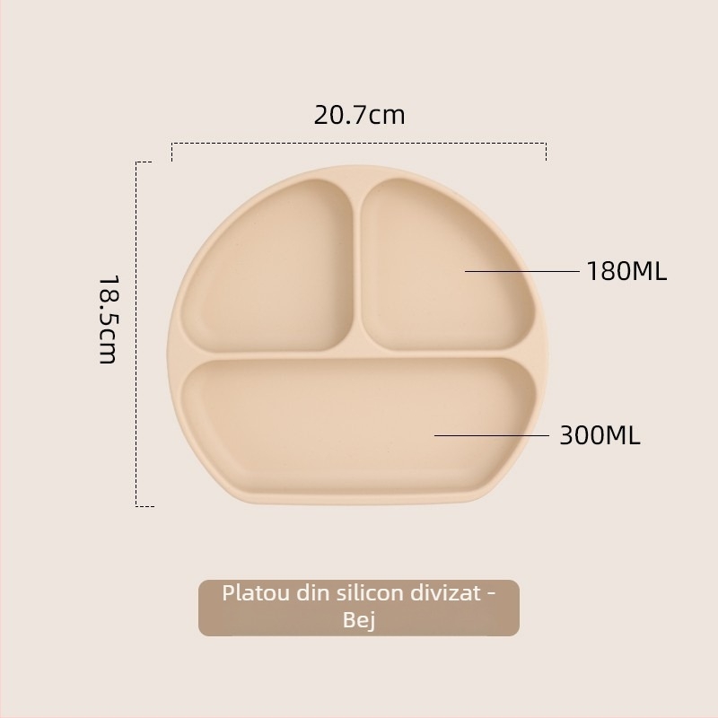 Farfurie pentru bebeluși cu ventuză, silicon alimentar, tavă divizată cu trei compartimente, cutie pentru lapte cu trei compartimente, 1 bucată, design minimalist