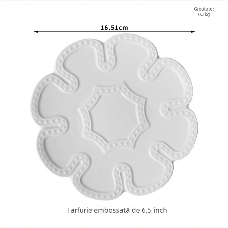 Set ceramic de masă cu farfurii reliefate, în stil palat, include farfurii plate și adânci, lucrat manual și personalizabil.