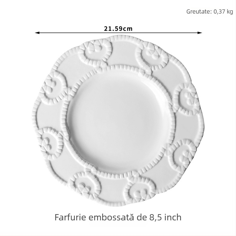 Set ceramic de masă cu farfurii reliefate, în stil palat, include farfurii plate și adânci, lucrat manual și personalizabil.