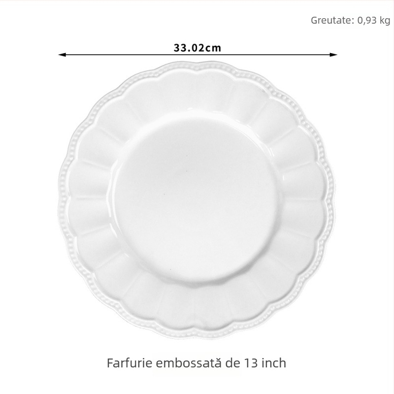 Set ceramic de masă cu farfurii reliefate, în stil palat, include farfurii plate și adânci, lucrat manual și personalizabil.