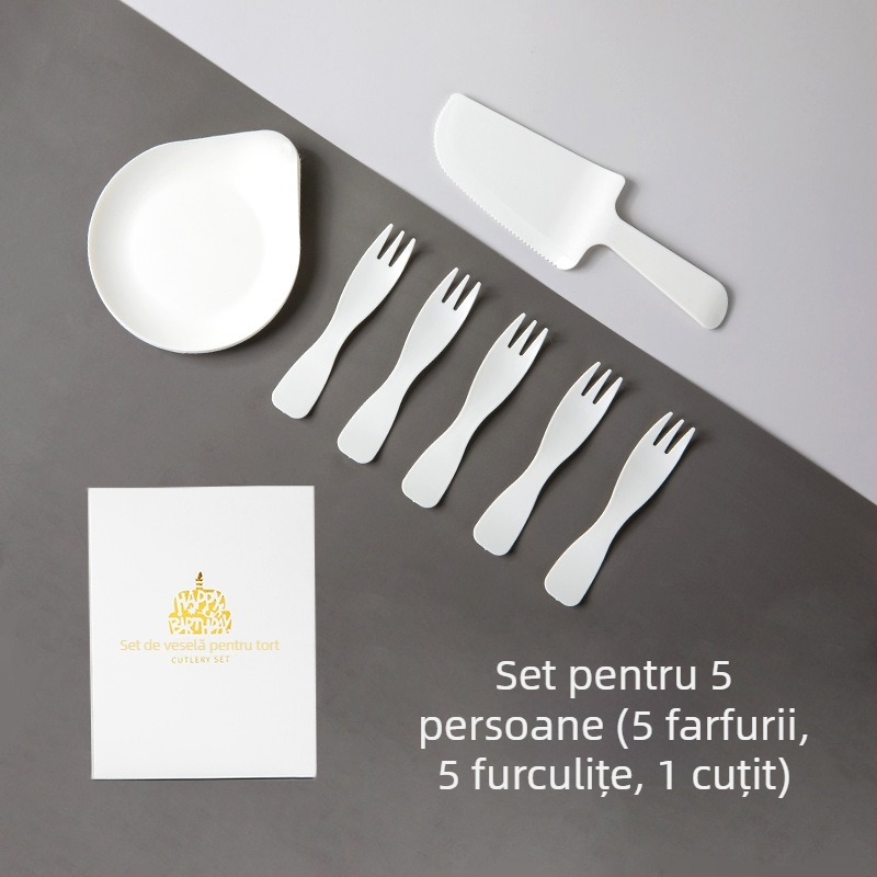 Set de tacâmuri de unică folosință pentru tort de ziua de naștere — cuțite, furculițe și farfurie din plastic, tavă de picurare; ambalare en-gros 320 cutii; durată de viață 3 ani.