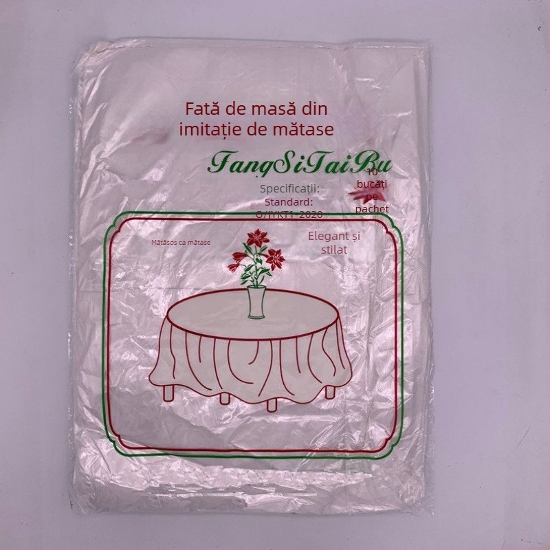 Față de masă de unică folosință din polietilenă, pentru mese rotunde și dreptunghiulare; stil modern minimalist; nu este biodegradabilă; potrivită pentru banchete, restaurante și uz casnic.