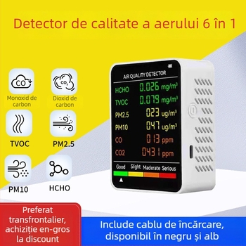 Monitor portabil de calitate a aerului: CO, CO2, formaldehidă, TVOC, PM2.5, PM10; interval 400–5000 PPM; precizie 10 PPM; alimentare Type-C