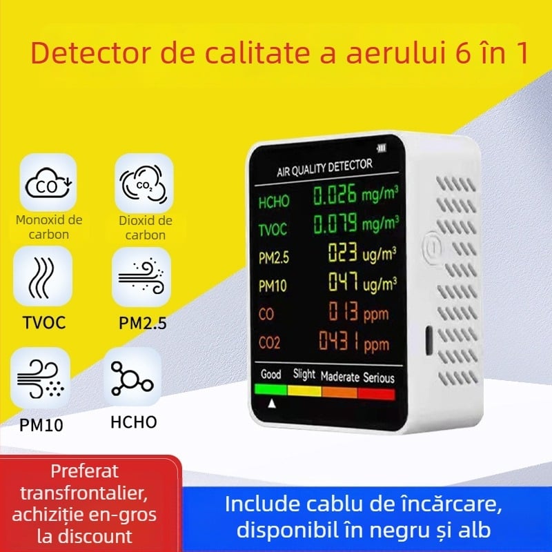 Monitor portabil de calitate a aerului: CO, CO2, formaldehidă, TVOC, PM2.5, PM10; interval 400–5000 PPM; precizie 10 PPM; alimentare Type-C
