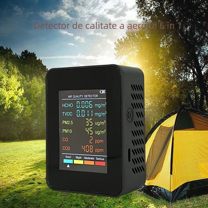 Monitor portabil de calitate a aerului: CO, CO2, formaldehidă, TVOC, PM2.5, PM10; interval 400–5000 PPM; precizie 10 PPM; alimentare Type-C