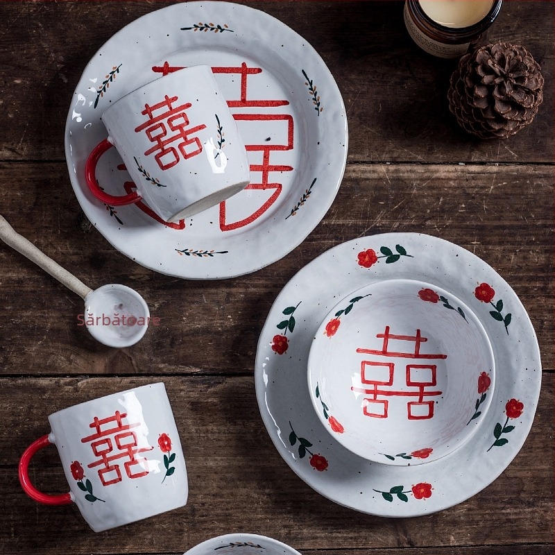 Set de veselă ceramică lucrat manual cu boluri, căni și linguri – cadou de nuntă personalizabil