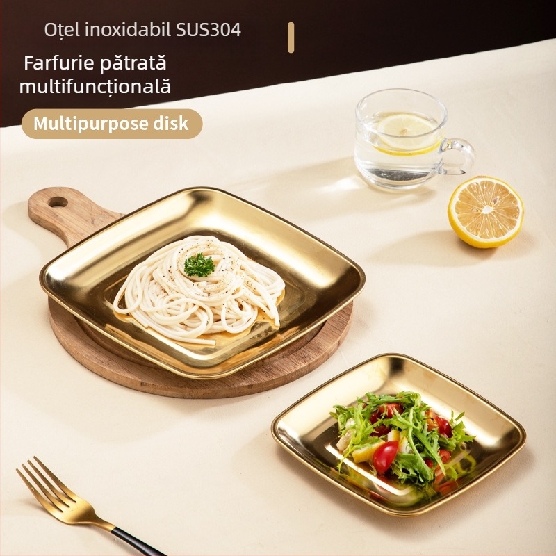 Platou pătrat din oțel inoxidabil, stil modern simplu, incompatibil cu microundele