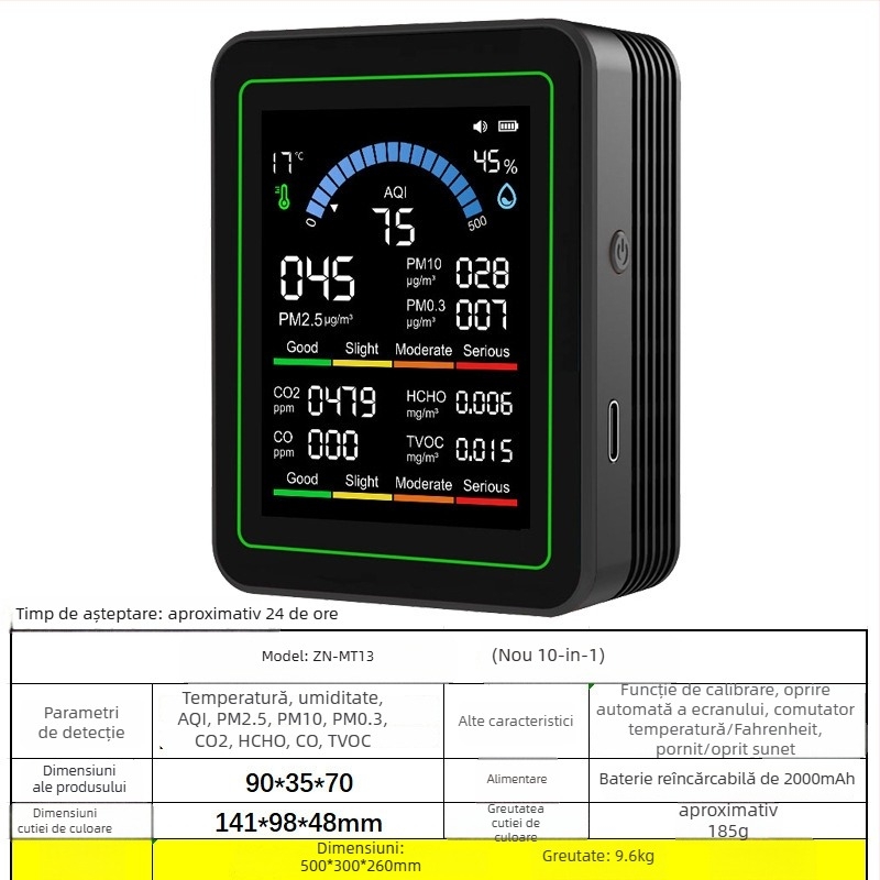 Detetor de aer 10-în-1 pentru casă Mt13: CO2 400-5000 ppm, formaldehidă, TVOC, CO, temperatură și umiditate - Alimentare 5V