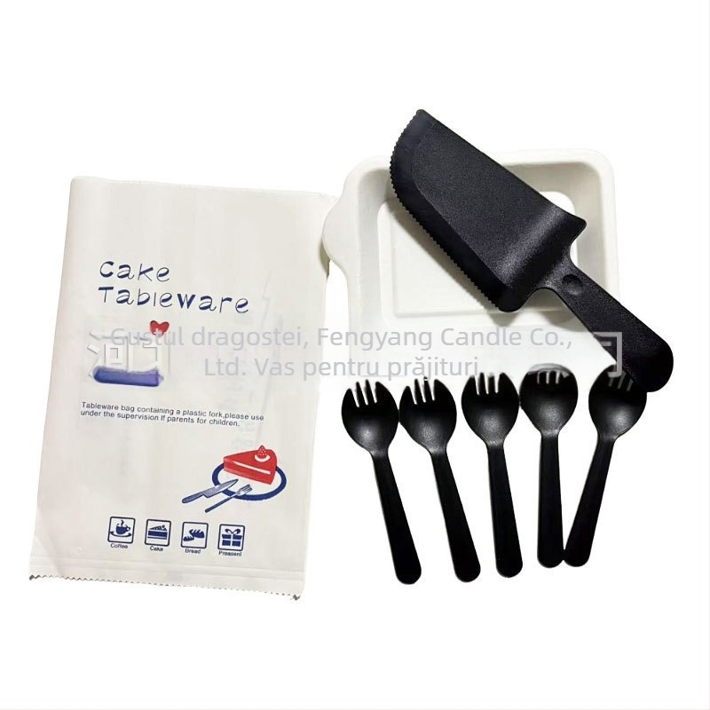 Set tacâmuri de tort de unică folosință — cuțit și furculiță și farfurie, din plastic, biodegradabil, dreptunghiular, logo imprimat, personalizabil
