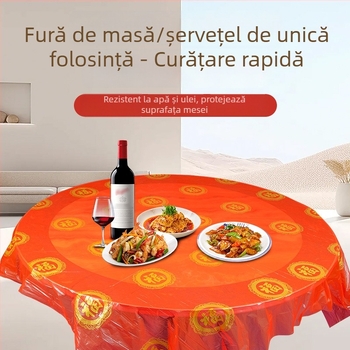 Față de masă de unică folosință pentru nuntă, rotundă, din plastic, model cu caractere Fu și personaje fericite, First Green