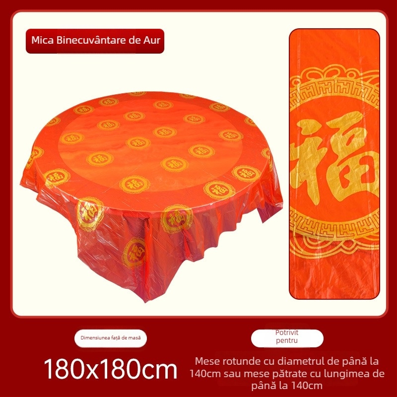 Față de masă de unică folosință pentru nuntă, rotundă, din plastic, model cu caractere Fu și personaje fericite, First Green