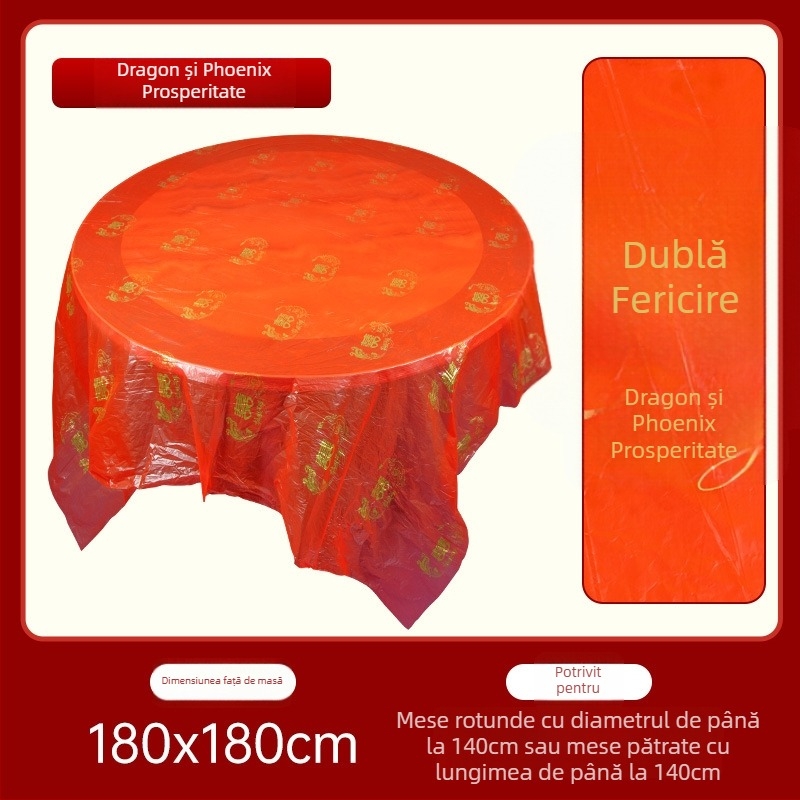 Față de masă de unică folosință pentru nuntă, rotundă, din plastic, model cu caractere Fu și personaje fericite, First Green