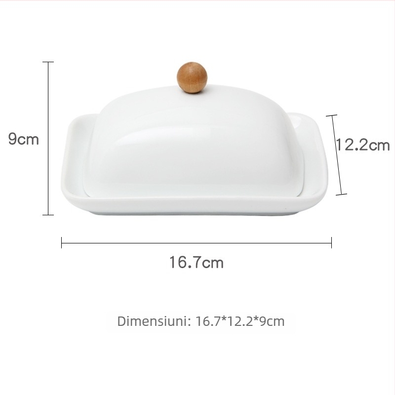 Recipient dreptunghiular pentru unt din porțelan, cu capac, stil modern minimalist, potrivit pentru microunde