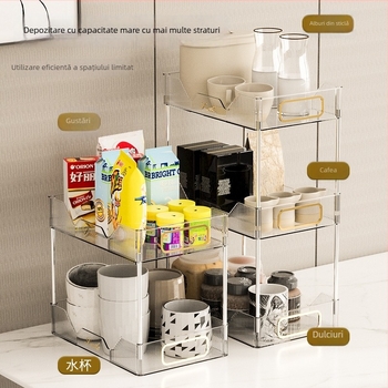 Raft de birou cu două niveluri pentru depozitare și pahare, stil Nordic, material PET, model 5015, brand Xihui, multifuncțional