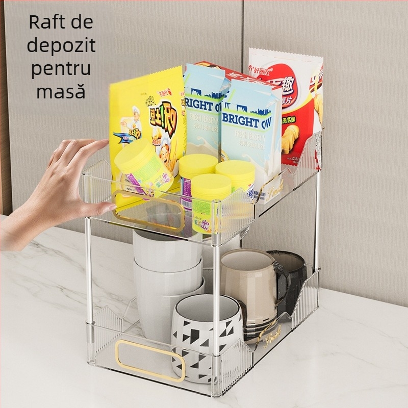 Raft de birou cu două niveluri pentru depozitare și pahare, stil Nordic, material PET, model 5015, brand Xihui, multifuncțional