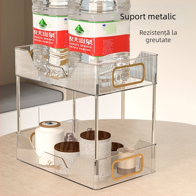 Raft de birou cu două niveluri pentru depozitare și pahare, stil Nordic, material PET, model 5015, brand Xihui, multifuncțional