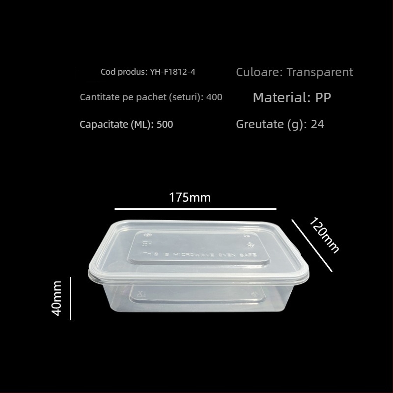 Cutie de prânz de unică folosință, cu capac, compatibilă cu microunde, rotundă sau dreptunghiulară, PP material, set de 500 bucăți, marcă Yinghao