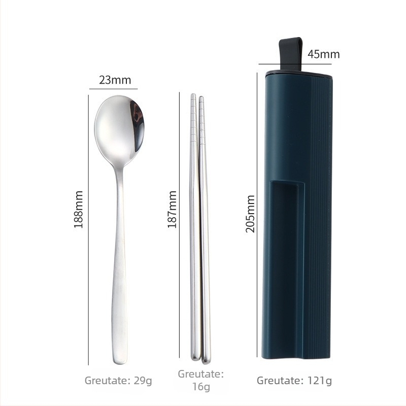 Set portabil de tacâmuri din oțel inoxidabil 304 cu cutie glisantă — lingură, furculiță și bețișoare, finisaj oglindă