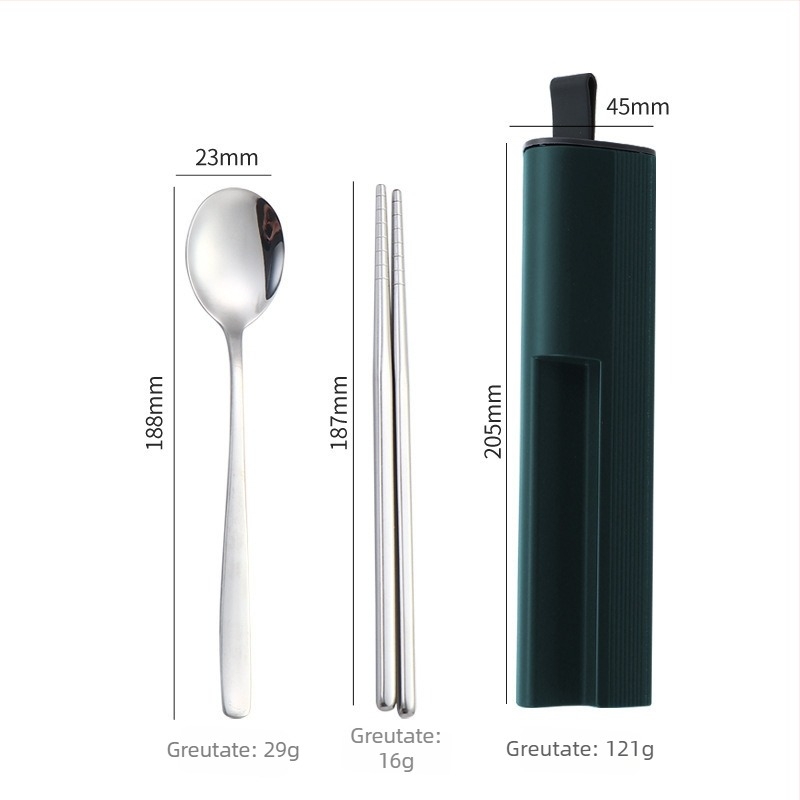 Set portabil de tacâmuri din oțel inoxidabil 304 cu cutie glisantă — lingură, furculiță și bețișoare, finisaj oglindă