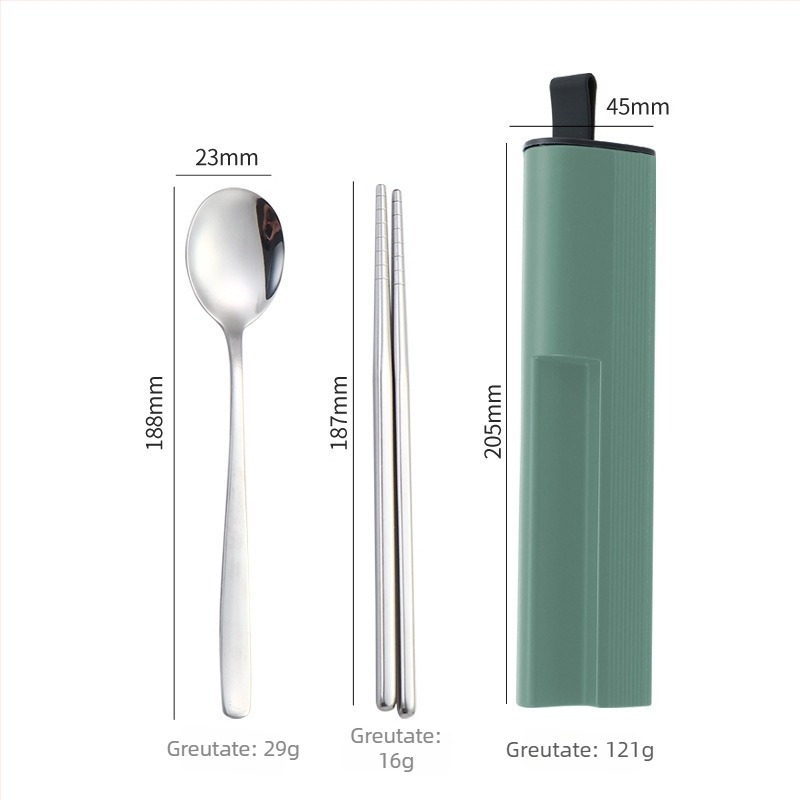 Set portabil de tacâmuri din oțel inoxidabil 304 cu cutie glisantă — lingură, furculiță și bețișoare, finisaj oglindă