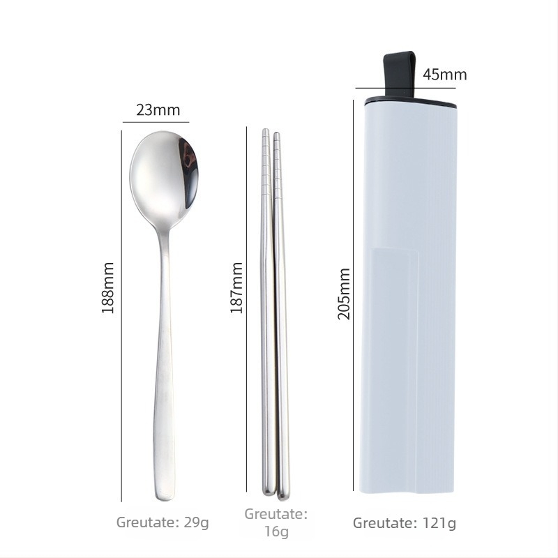 Set portabil de tacâmuri din oțel inoxidabil 304 cu cutie glisantă — lingură, furculiță și bețișoare, finisaj oglindă