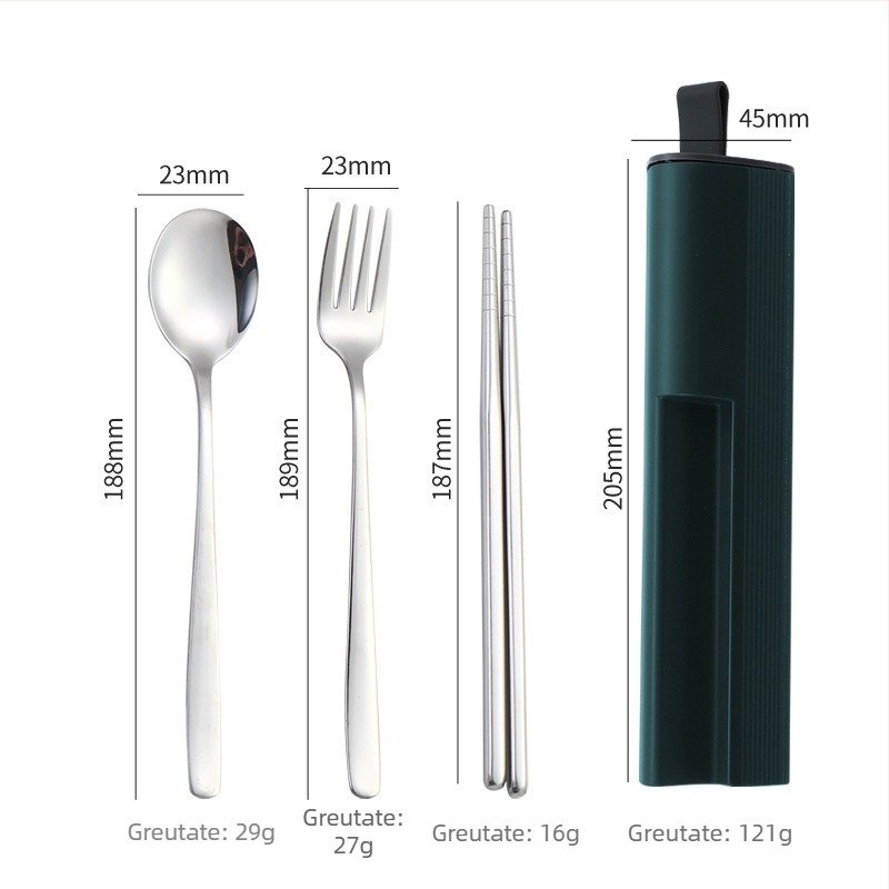 Set portabil de tacâmuri din oțel inoxidabil 304 cu cutie glisantă — lingură, furculiță și bețișoare, finisaj oglindă